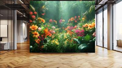 A lush green jungle with a variety of colorful flowers Wall mural