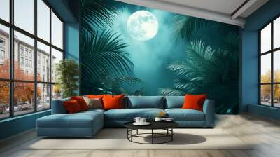 A moon is shining brightly in the sky above a lush green jungle Wall mural