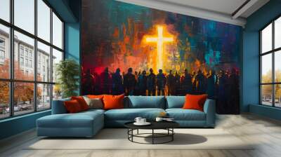 A painting of a cross with a group of people in the background Wall mural