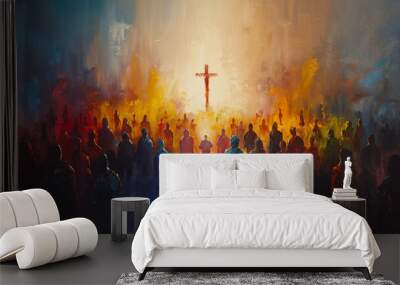 A painting of a large crowd of people with a cross in the middle Wall mural