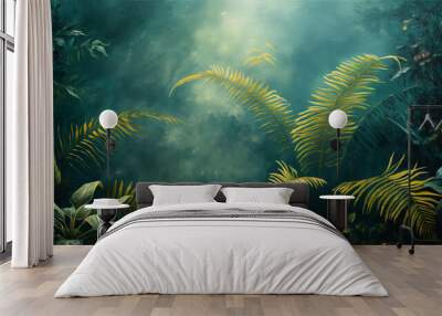 A painting of a lush jungle with a lot of green foliage and a few yellow leaves Wall mural