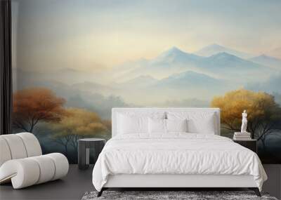 A painting of a mountain range with two trees in the foreground Wall mural