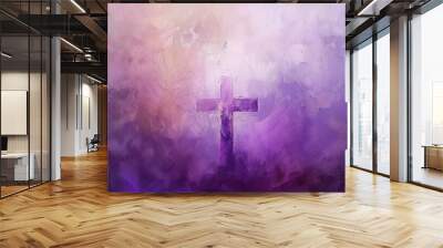 A purple background with a cross in the middle Wall mural