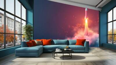 A rocket is launching into the sky, leaving a trail of smoke and fire behind it Wall mural