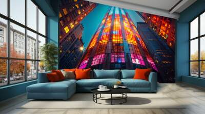 A tall building with a colorful facade is lit up at night Wall mural