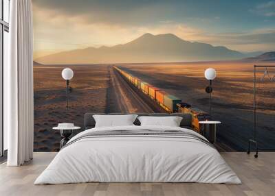 A train is traveling down a long, empty track in a desert Wall mural