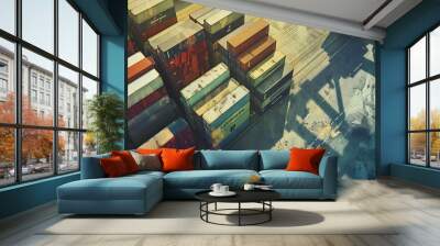 A watercolor depiction featuring a cargo ship loaded with a colorful array of containers, moored in the lively surroundings of a busy harbor port. Wall mural