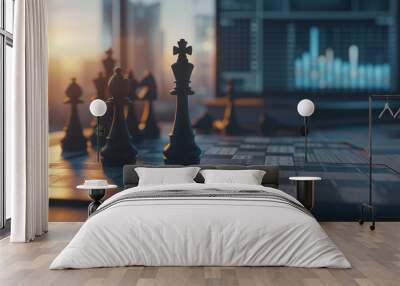 chess board strategically placed on an office desk, with chess pieces symbolizing business moves aga Wall mural