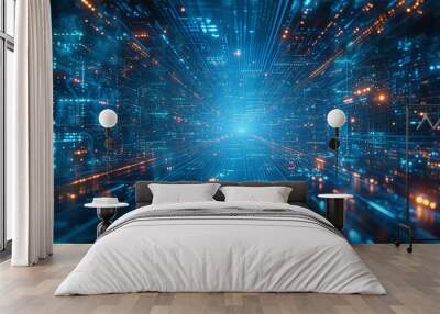 Digital cyberspace with streams of glowing blue data, resembling a futuristic cityscape at night. Wall mural