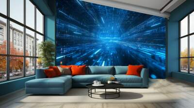 Digital cyberspace with streams of glowing blue data, resembling a futuristic cityscape at night. Wall mural