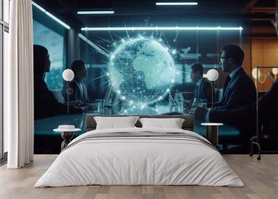 Holographic globe of network connections hovers above a sleek, modern conference table. Business professionals engage with the technology, planning global strategies. Wall mural