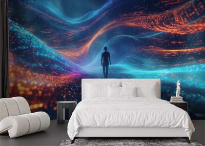 the threshold between physical reality and the virtual world, depicted as a gateway made of light and digital patterns Wall mural