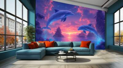 Two dolphins flying over a body of water with a sunset in the background Wall mural