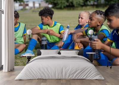 Children (8-9) dressed in uniforms sitting on soccer field Wall mural