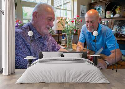 Senior male couple using tablet at home Wall mural