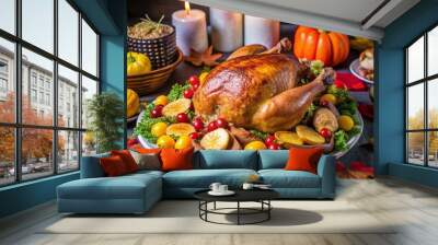 A beautifully set Thanksgiving dinner table with a roasted turkey as the centerpiece, surrounded by seasonal vegetables, candles, and autumn leaves Wall mural