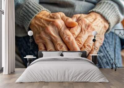 old woman's wrinkled hands rest on her lap, close-up Wall mural