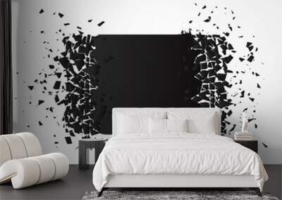 Black square banner with debris isolated on white background. Abstract black explosion. Vector square destruction shapes with debris. Wall mural