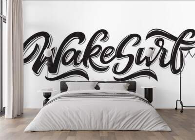 Wake surfing lettering logo in graffiti style isolated on white background. Vector illustration for design t-shirts, banners, labels, clothes, apparel, water extreme sports competition. Wall mural