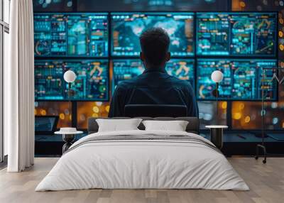 Security expert overseeing multiple surveillance screens, displaying global cyber security network operations Wall mural