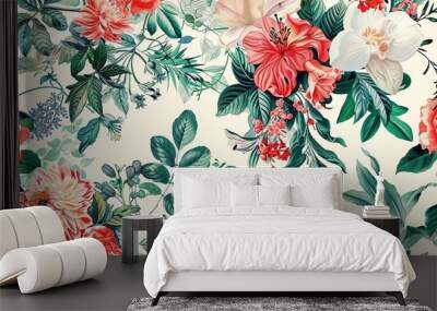 Beautiful botanical floral illustration allover repeat design for digital printing ,Generative ai, Wall mural