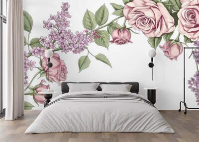 Corner background with pink rose flowers, lilac flowers, and green leaves. Vector floral border. Hand-drawn illustration ,Generative ai,  Wall mural