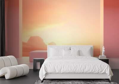 Golden hour landscape three dimensional background scene with square pillars. Blank 3D render pastel product placement mockup. Cream pink platform abstract composition, studio lighting, soft shadows., Wall mural