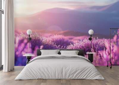 Lavender field. Floral background. Field lavender morning summer blur background wallpaper. Shallow depth of field. ,Generative ai, Wall mural