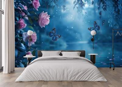 magical fantasy enchanted fairy tale landscape with forest lake, amazing fairy tale blooming pink ro Wall mural