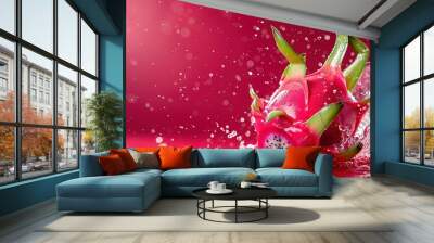 Water splashing on Ripe pitahaya fruit or dragon fruit with half isolated on red background,Generative ai,  Wall mural