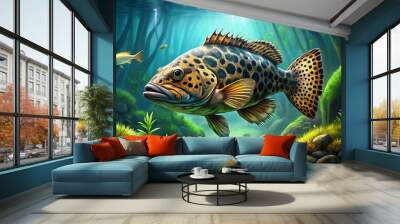 A jaguar cichlid swims peacefully in its underwater domain, its vibrant scales shimmering in the dim light of the murky riverbed. Wall mural