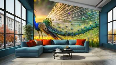 A majestic peacock effortlessly snatches a sprawling spider and its webs from a sun-drenched grassy meadow, its vibrant tail feathers rustling. Wall mural