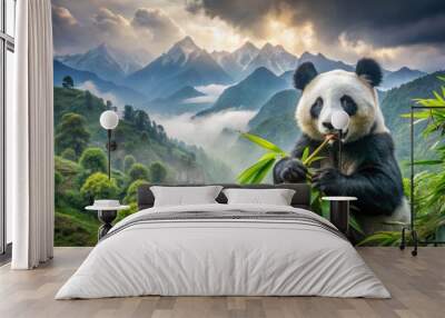 Asian giant panda standing on bamboo tree, munching on leaves, surrounded by lush greenery and misty mountains with snow-capped peaks. Wall mural