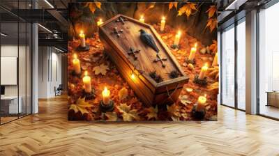 Cobweb-adorned coffin adorned with inverted crosses, skulls, and ravens, lit by flickering candles amidst autumn leaves. Wall mural