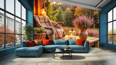 Cozy Autumn Hygge Decor in a Tiny Wooden Cabin Balcony with Heather Flowers and Candlelight Glow on Comfortable Garden Furniture Wall mural