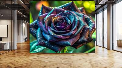 Elegant Glitter Black Rose with Shimmering Petals and Dark Green Leaves on a Soft Background Wall mural