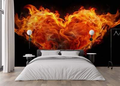 Fiery Heart Symbolizing Passion and Emotion in Vibrant Red and Orange Flames Against a Black Background Wall mural