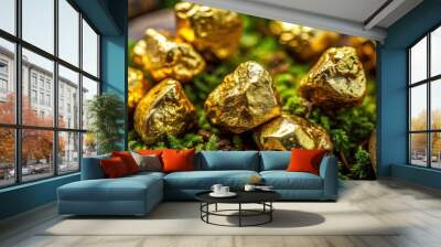 Gold rocks nestled in a bed of moss, intricately patterned with veins of darker gold, scattered with tiny pyrite for added depth Wall mural