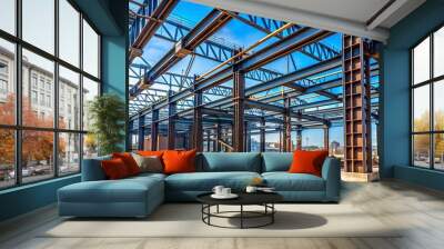 Heavy iron beams rise from the steel columns, framed by industrial drums and girders, stretching towards the blue sky amidst a bustling construction site. Wall mural