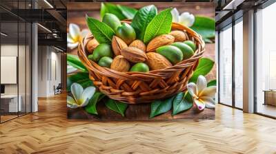 Juicy tropical almond fruit with vibrant green skin and sweet white pulp, surrounded by lush leaves and exotic flowers in a vibrant orange-brown basket Wall mural