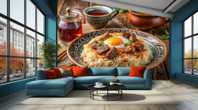 Sogdian breakfast dish of pilauf with basmati rice, onions, and meat, topped with fried egg and served with steaming samoa tea. Wall mural