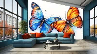 Two butterflies with vibrant blue and orange wings dance across the paper, their delicate pencil lines bringing to life a whimsical and charming illustration. Wall mural