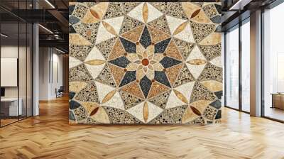 Warm beige and dark grey terrazzo stones contrast in a intricate mosaic pattern, evoking a sense of aged elegance in a rustic modern architectural design. Wall mural