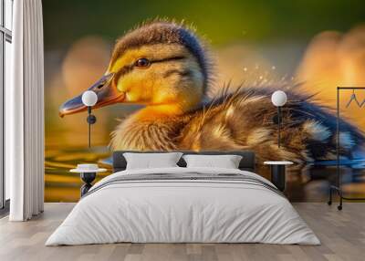 Young female mallard duckling with soft, fluffy feathers and bright orange bill, swimming in calm pond early morning Wall mural