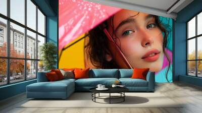 A Beautiful Woman Under a Colorful Umbrella Wall mural