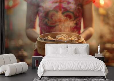 A Qipao Dress and a Basket of Steaming Baozi Wall mural