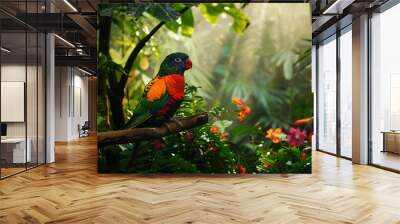 A rare and exotic bird perched on a branch in a lush, vibrant jungle. The bird features iridescent feathers and striking colors, surrounded by dense green foliage, colorful flowers Wall mural