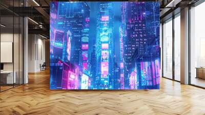 City of Steel and Stone, a nighttime view of a futuristic urban jungle. Wall mural