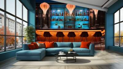 Contemporary Bar With Sleek Lines, Modern Bar Stools And Striking Backlit Bar Tables Wall mural