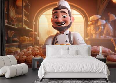 Culinary Maestro, a 3D Chef Character Carrying a Luxury Tray of Selected Snacks Wall mural